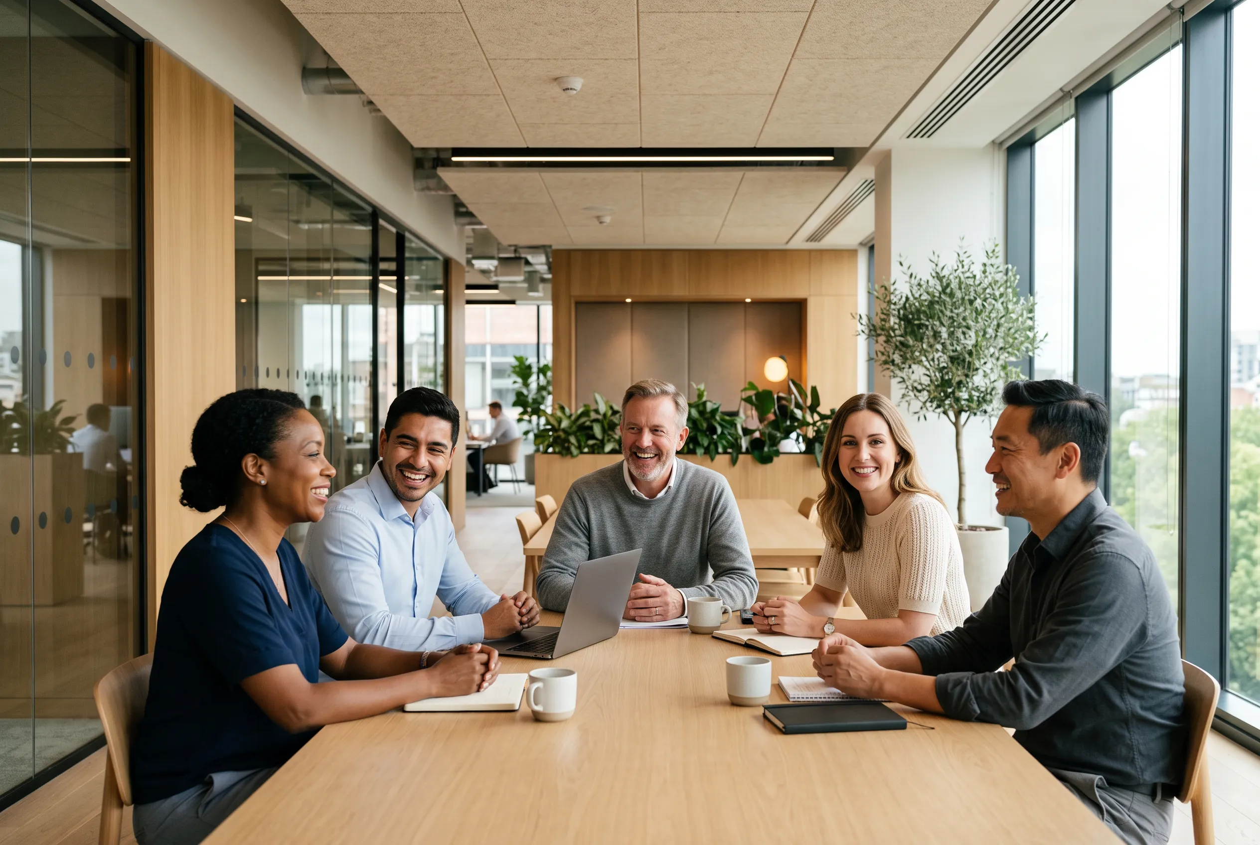 Illustrative image of five smiling colleagues together in a modern office